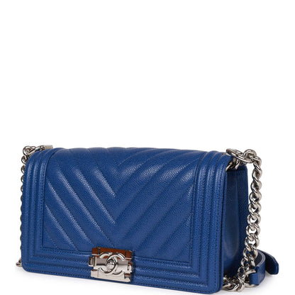 Chanel Medium Boy Bag Blue Chevron Caviar Silver Hardware