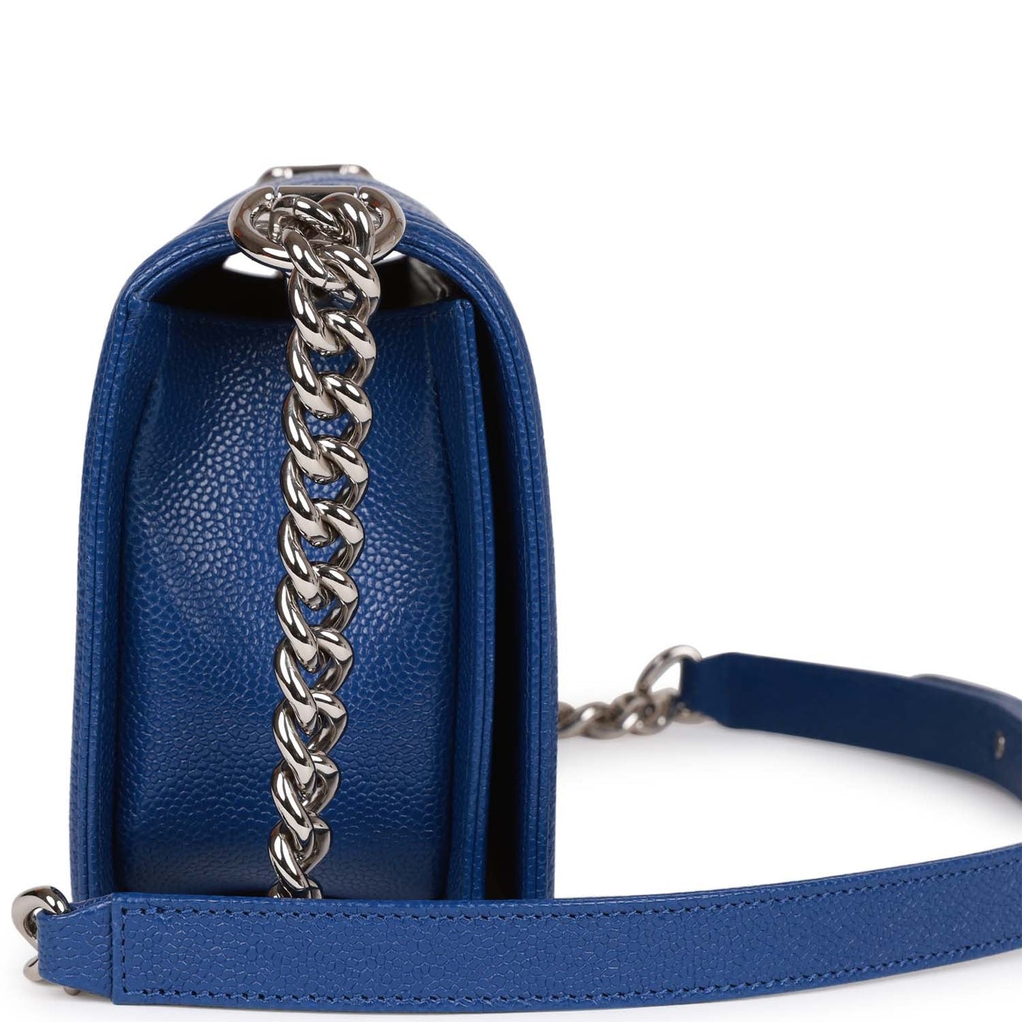 Chanel Medium Boy Bag Blue Chevron Caviar Silver Hardware