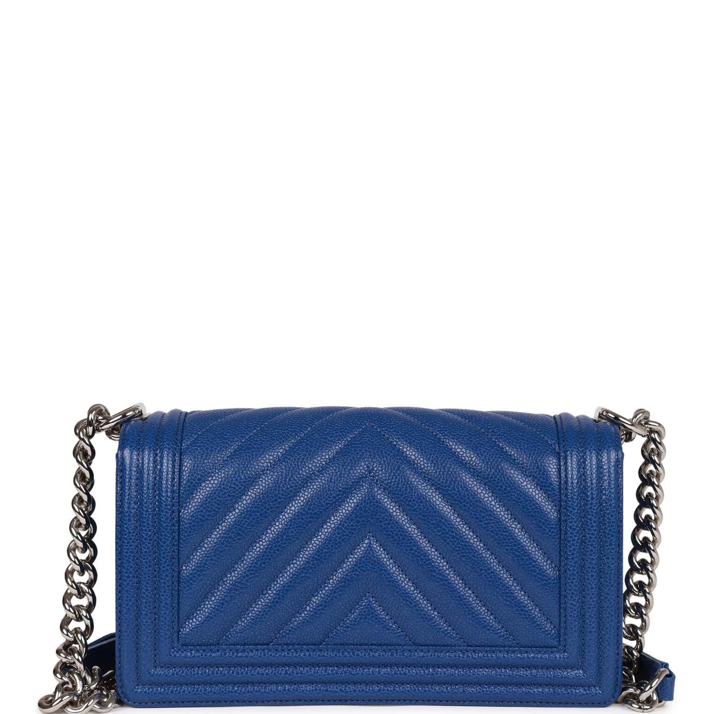 Chanel Medium Boy Bag Blue Chevron Caviar Silver Hardware