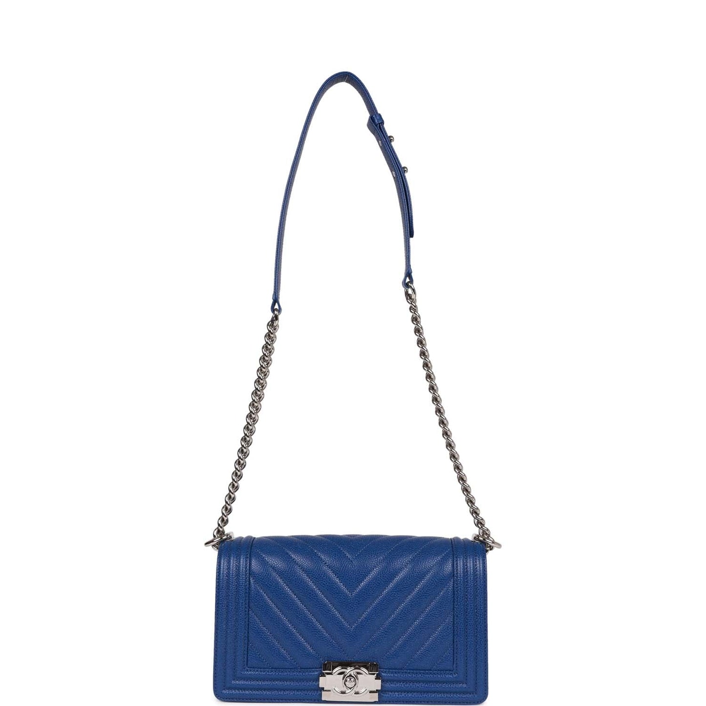 Chanel Medium Boy Bag Blue Chevron Caviar Silver Hardware