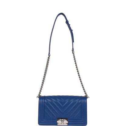 Chanel Medium Boy Bag Blue Chevron Caviar Silver Hardware