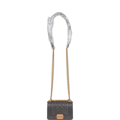Chanel Mini Boy Bag Grey Caviar Antique Gold Hardware
