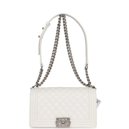 Chanel Medium Boy Bag White Caviar Aged Silver Hardware