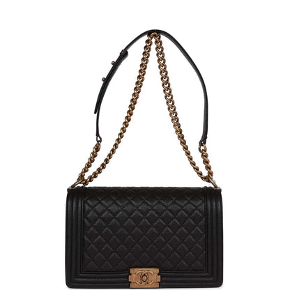 Chanel Medium Boy Bag Black Caviar Antique Gold Hardware