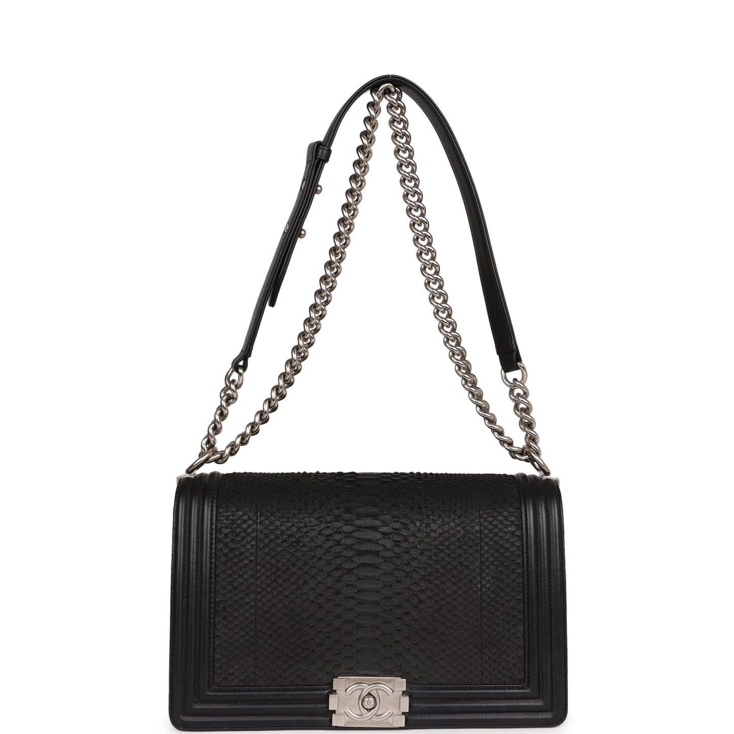 Chanel Medium Boy Bag Black Python and Lambskin Brushed Silver Hardware