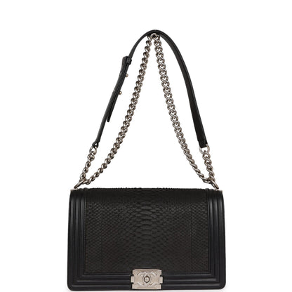 Chanel Medium Boy Bag Black Python and Lambskin Brushed Silver Hardware