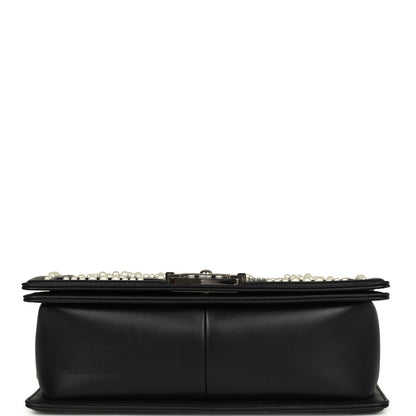 Chanel Medium Boy Bag Black Pearl Chevron Calfskin Silver Hardware