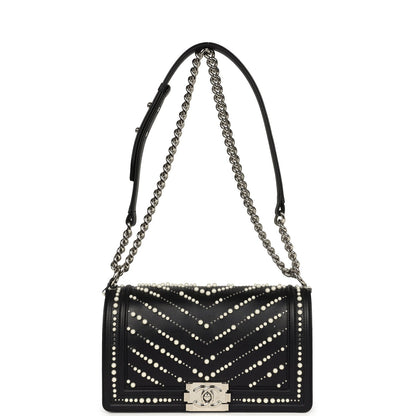 Chanel Medium Boy Bag Black Pearl Chevron Calfskin Silver Hardware