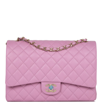 Chanel Maxi Classic Double Flap Bag Dark Pink Caviar Light Gold Hardware