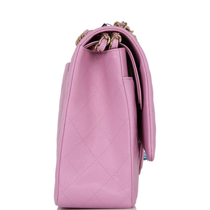 Chanel Maxi Classic Double Flap Bag Dark Pink Caviar Light Gold Hardware