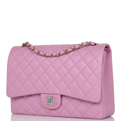 Chanel Maxi Classic Double Flap Bag Dark Pink Caviar Light Gold Hardware