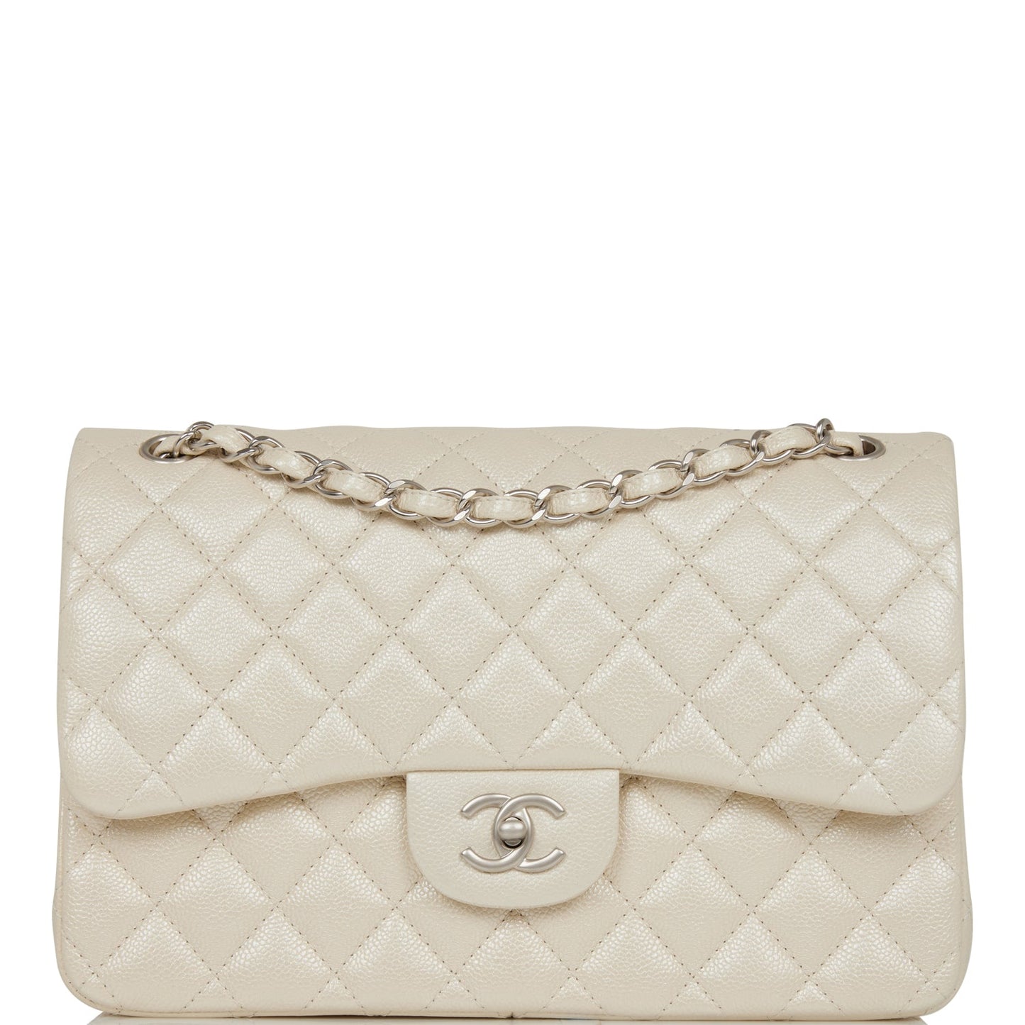 Chanel Jumbo Classic Double Flap Bag White Iridescent Caviar Silver Hardware