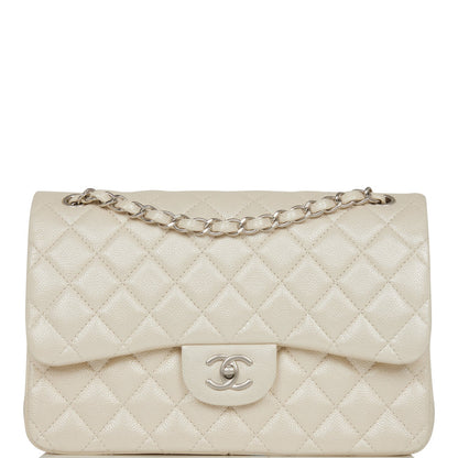 Chanel Jumbo Classic Double Flap Bag White Iridescent Caviar Silver Hardware