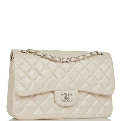 Chanel Jumbo Classic Double Flap Bag White Iridescent Caviar Silver Hardware