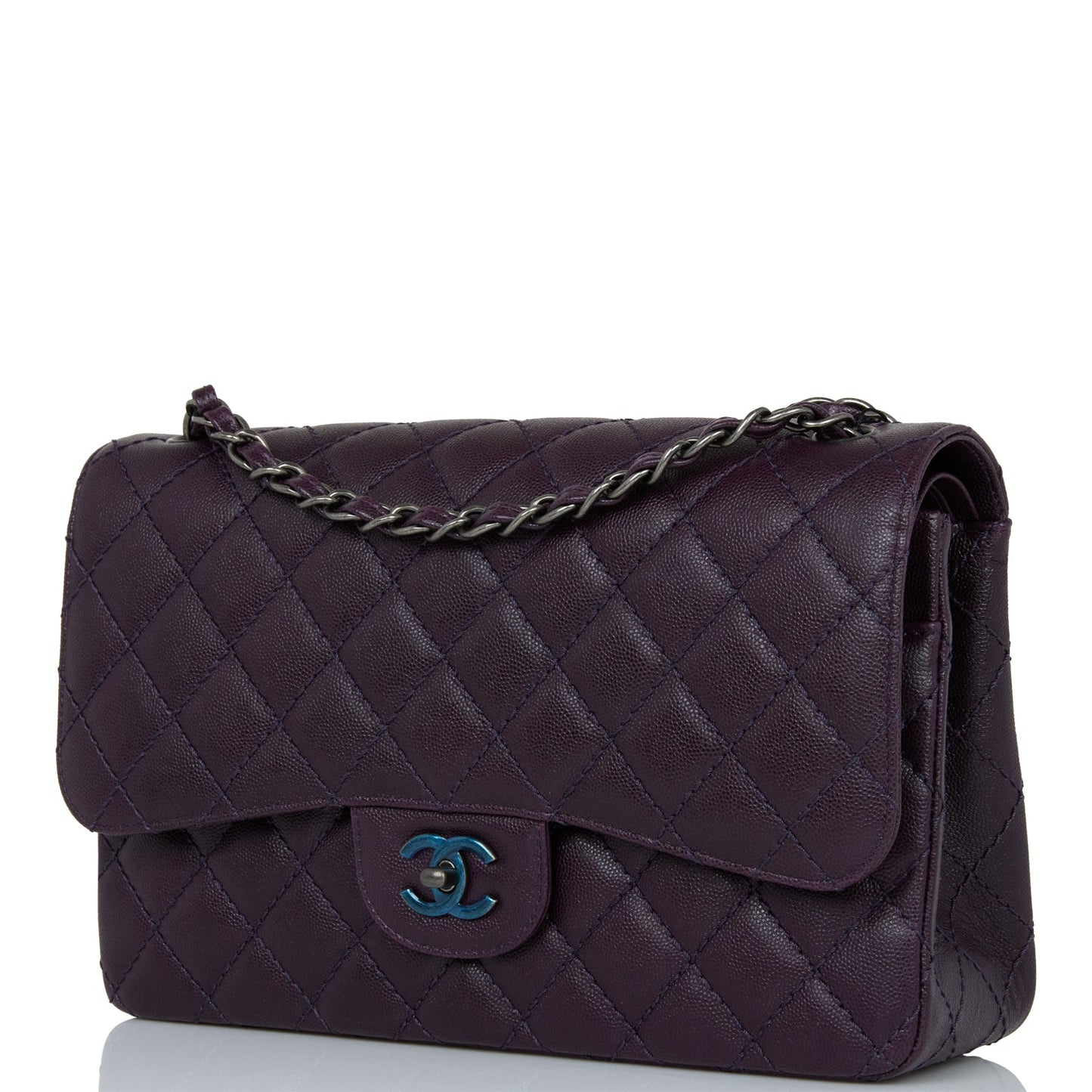 Chanel Jumbo Classic Double Flap Bag Dark Purple Caviar Ruthenium Hardware