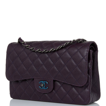 Chanel Jumbo Classic Double Flap Bag Dark Purple Caviar Ruthenium Hardware