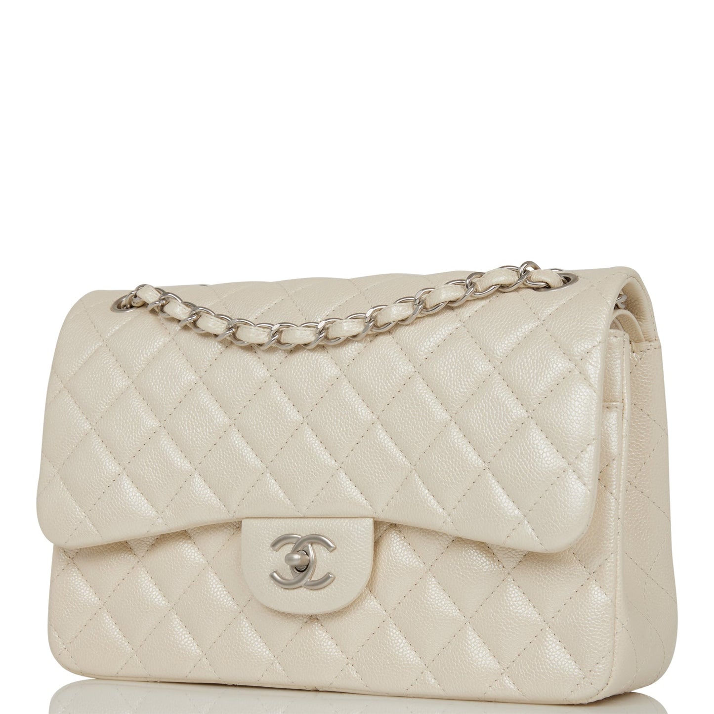 Chanel Jumbo Classic Double Flap Bag White Iridescent Caviar Silver Hardware