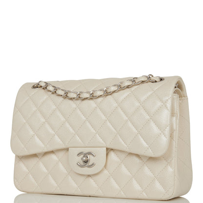 Chanel Jumbo Classic Double Flap Bag White Iridescent Caviar Silver Hardware