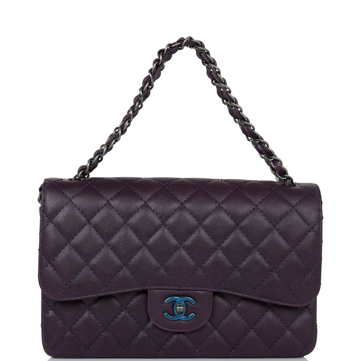 Chanel Jumbo Classic Double Flap Bag Dark Purple Caviar Ruthenium Hardware