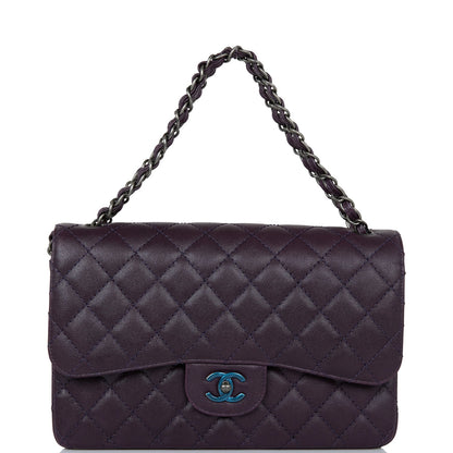 Chanel Jumbo Classic Double Flap Bag Dark Purple Caviar Ruthenium Hardware