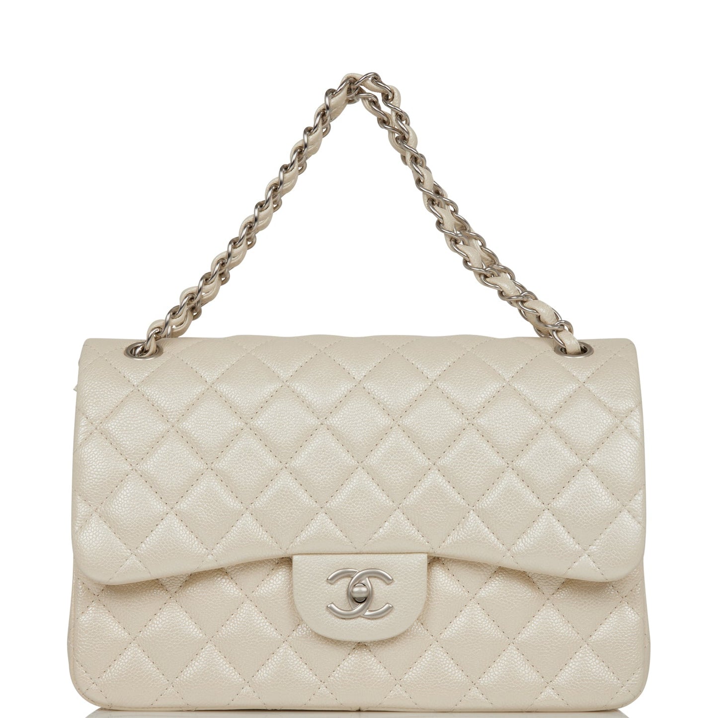 Chanel Jumbo Classic Double Flap Bag White Iridescent Caviar Silver Hardware