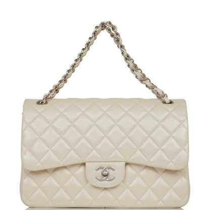 Chanel Jumbo Classic Double Flap Bag White Iridescent Caviar Silver Hardware