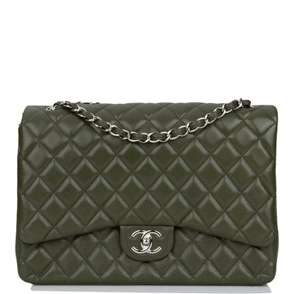Chanel Maxi Classic Double Flap Bag Dark Green Caviar Silver Hardware