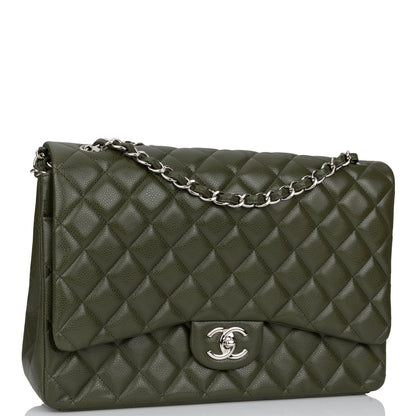 Chanel Maxi Classic Double Flap Bag Dark Green Caviar Silver Hardware