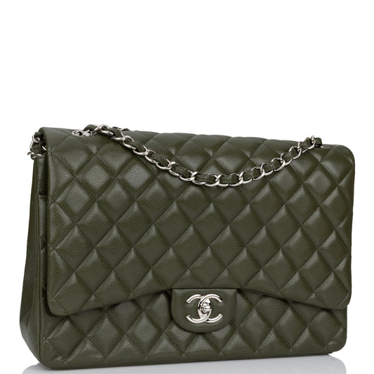 Chanel Maxi Classic Double Flap Bag Dark Green Caviar Silver Hardware