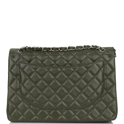 Chanel Maxi Classic Double Flap Bag Dark Green Caviar Silver Hardware