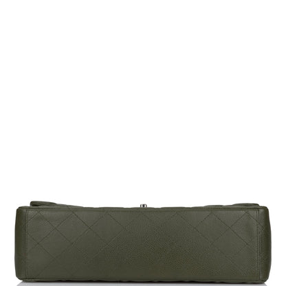 Chanel Maxi Classic Double Flap Bag Dark Green Caviar Silver Hardware