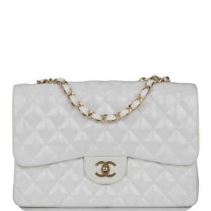 Chanel Jumbo Classic Single Flap Bag White Glitter Patent Leather Gold Hardware