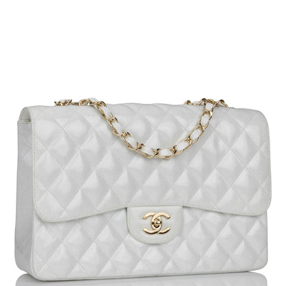 Chanel Jumbo Classic Single Flap Bag White Glitter Patent Leather Gold Hardware