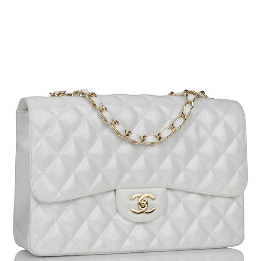 Chanel Jumbo Classic Single Flap Bag White Glitter Patent Leather Gold Hardware
