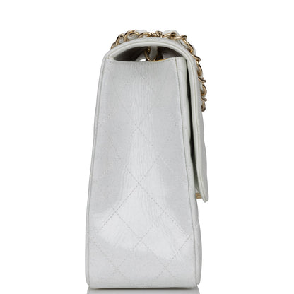 Chanel Jumbo Classic Single Flap Bag White Glitter Patent Leather Gold Hardware