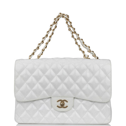Chanel Jumbo Classic Single Flap Bag White Glitter Patent Leather Gold Hardware
