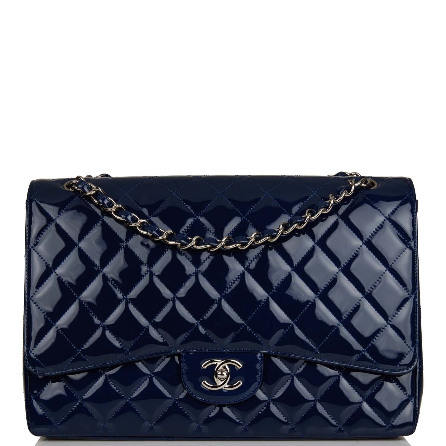 Chanel Maxi Classic Single Flap Bag Dark Blue Patent Silver Hardware