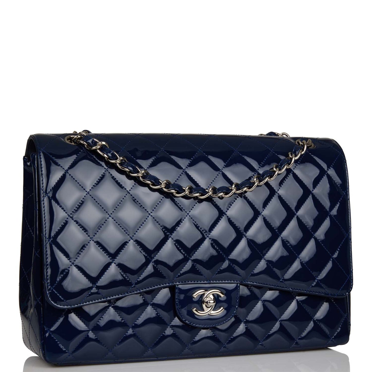 Chanel Maxi Classic Single Flap Bag Dark Blue Patent Silver Hardware