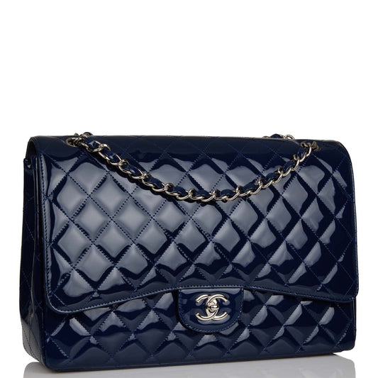 Chanel Maxi Classic Single Flap Bag Dark Blue Patent Silver Hardware