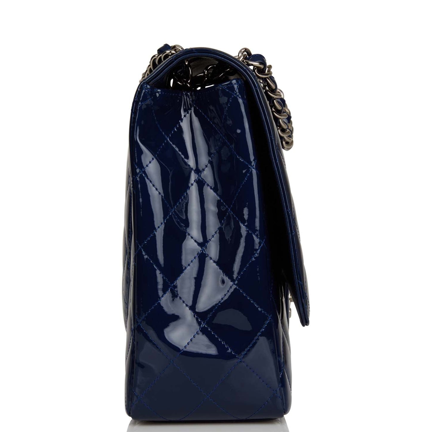 Chanel Maxi Classic Single Flap Bag Dark Blue Patent Silver Hardware