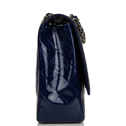 Chanel Maxi Classic Single Flap Bag Dark Blue Patent Silver Hardware