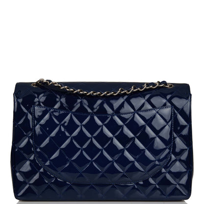 Chanel Maxi Classic Single Flap Bag Dark Blue Patent Silver Hardware