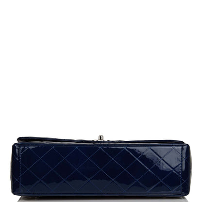 Chanel Maxi Classic Single Flap Bag Dark Blue Patent Silver Hardware