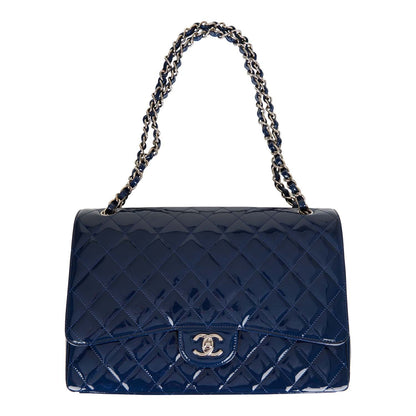 Chanel Maxi Classic Single Flap Bag Dark Blue Patent Silver Hardware
