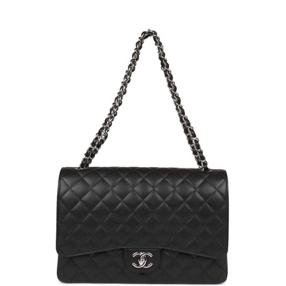 Chanel Maxi Classic Double Flap Bag Black Quilted Caviar Silver Hardware