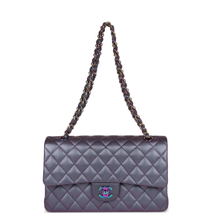 Chanel Medium Classic Double Flap Bag Iridescent Purple Mermaid Goatskin Rainbow Hardware