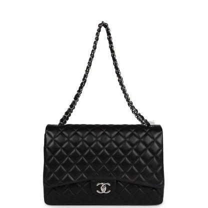 Chanel Maxi Classic Double Flap Bag Black Lambskin Silver Hardware