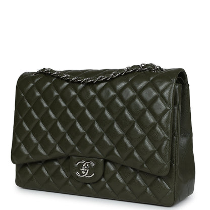 Chanel Maxi Classic Double Flap Bag Olive Green Caviar Silver Hardware