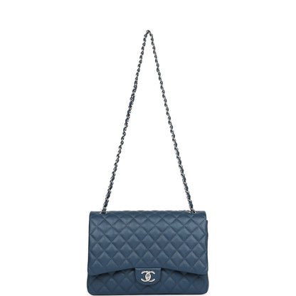 Chanel Maxi Classic Double Flap Bag Dark Blue Caviar Silver Hardware