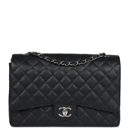 Chanel Maxi Classic Double Flap Bag Black Caviar Silver Hardware